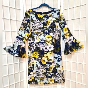 Nine West Flared Sleeve Floral Blue and Yellow Dress Size 4